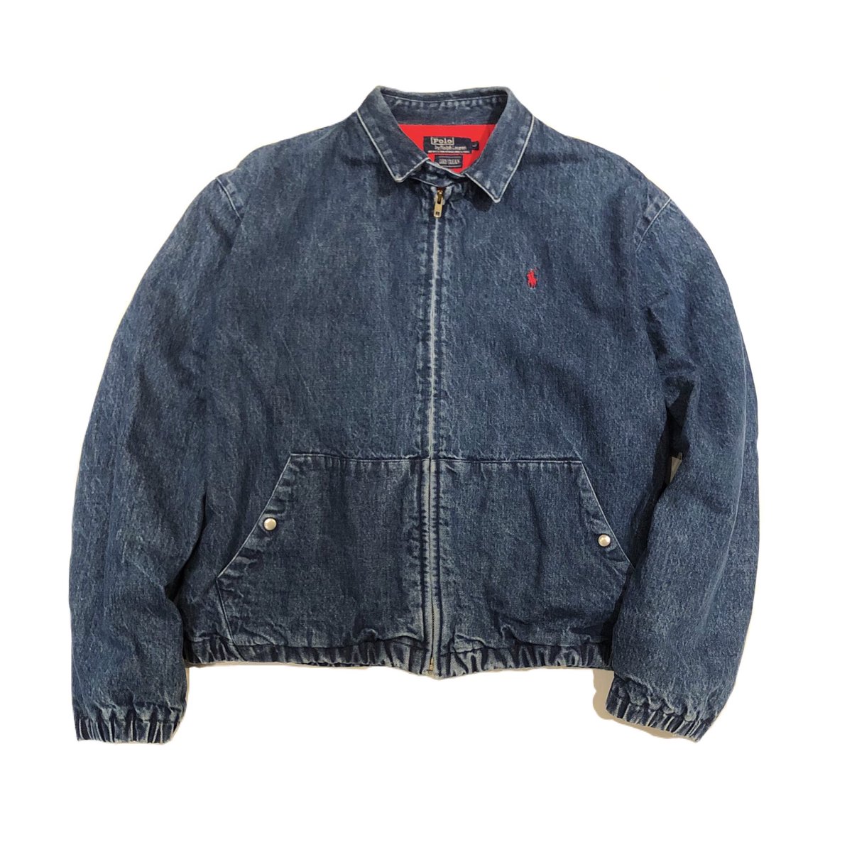 taramake's tweet photo. POLO 
made in U.S.A.
DENIM SWING TOP JACKET
#赤ネル！
#刺繍ロゴ
#polo
#スウィングトップ
#RalphLauren
#TARAMAKE
#used 
#vintage 
#古着
#harajuku https://t.co/3ZsrwYpjJ2