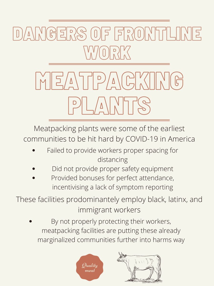 mpanagos16's tweet photo. Meatpacking facilities were in the news early and often when referring to community COVID outbreaks. See the infographic I made below for why this was so problematic. #COVIDCourse https://t.co/5gMMODtaMY
