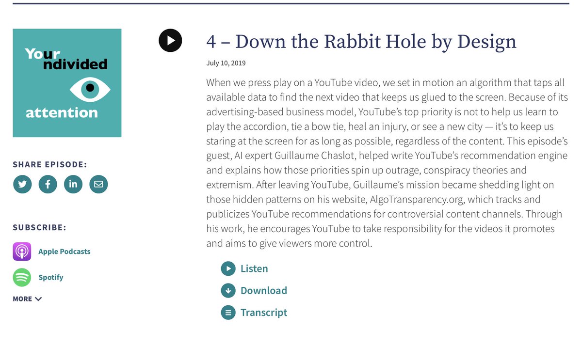 Down The Rabbit Hole by Design with Guillaume Chaslot  @gchaslot on  @HumaneTech_ ‘s  #YourUndividedAttention  #podcast  https://www.humanetech.com/podcast/4-down-the-rabbit-hole-by-design #publicinteresttech  #designjustice  #predatorydesign  #algorithmicjustice  #femedtech  #humanedesign  #futureofhumanity  #trust  #tech  #5IR