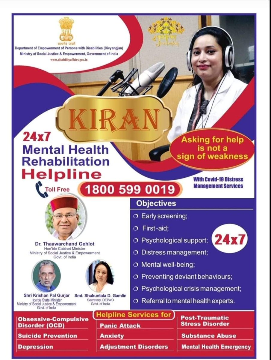 SantvanaB's tweet photo. Seeking help is not a sign of weak mindedness.... Feel free to seek help for your mental health concerns and psychological disturbances through our mental heallth helpline "Kiran"
Qualified mental health and rehabilitation professionals are volunteering here to help you.. 😊🙏 https://t.co/SwC7M68nN4