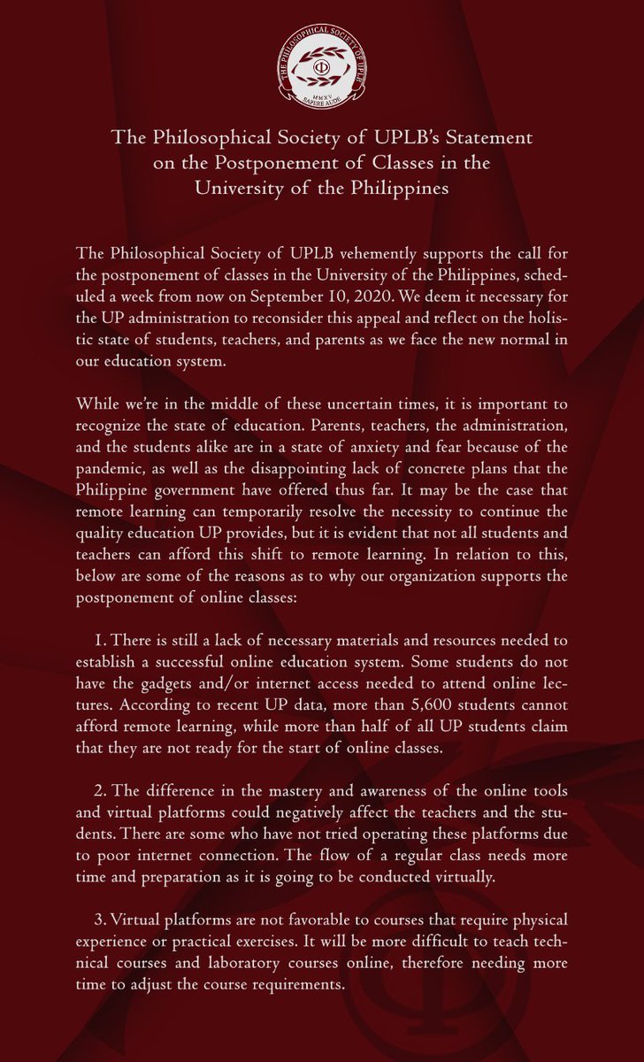 PhilosocUPLB's tweet image. THE PHILOSOPHICAL SOCIETY OF UPLB&apos;S STATEMENT ON THE POSTPONEMENT OF CLASSES IN THE UNIVERSITY OF THE PHILIPPINES 

#MassTestingNowPH
#PostponeClassesUP
#WalangIwananUP