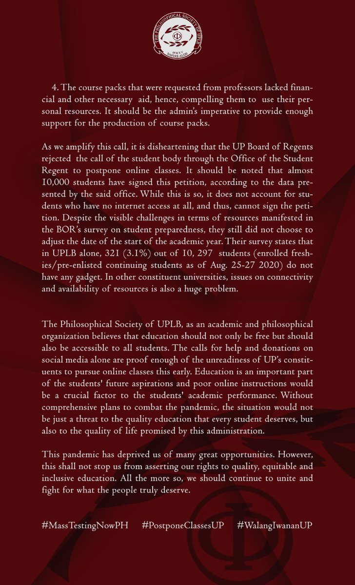 PhilosocUPLB's tweet image. THE PHILOSOPHICAL SOCIETY OF UPLB&apos;S STATEMENT ON THE POSTPONEMENT OF CLASSES IN THE UNIVERSITY OF THE PHILIPPINES 

#MassTestingNowPH
#PostponeClassesUP
#WalangIwananUP