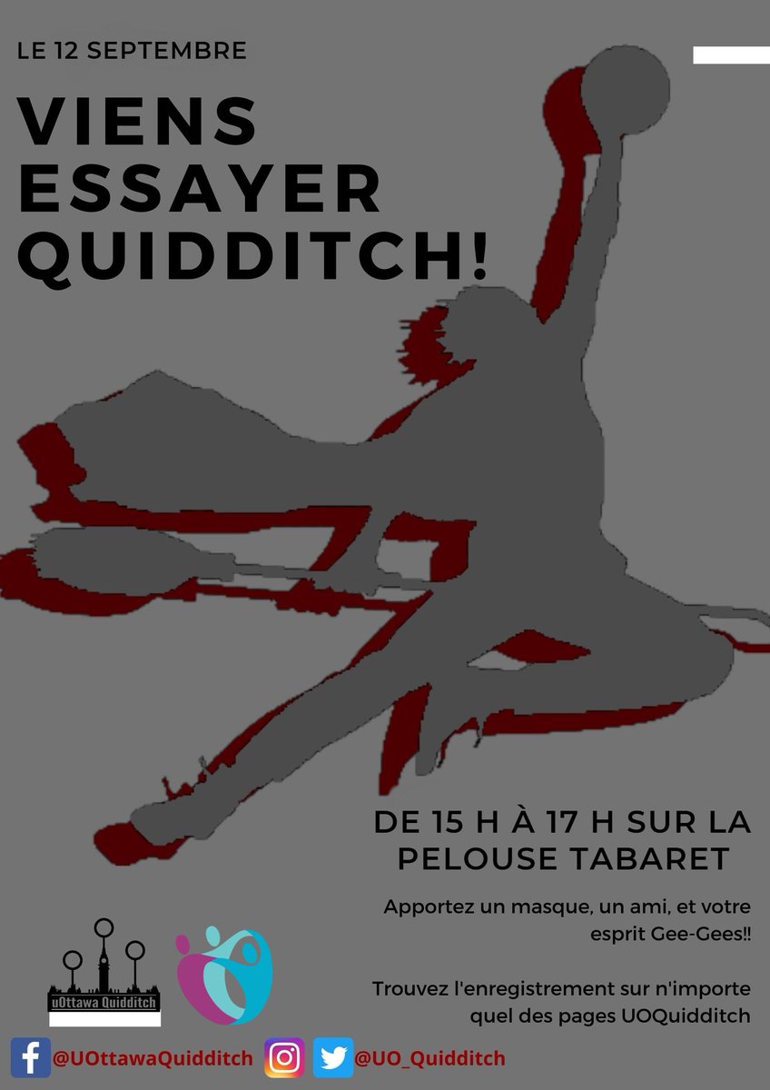 uo_quidditch's tweet photo. We are thrilled to have the opportunity to collaborate with the UOSU on an awesome 101 week event! Open to everyone this year!
//
Nous sommes ravi d'avoir l'opportunité de collaborer avec le SEUO pour créer une superbe événement pour la semaine 101 ! Ouverte a toutes cette an ! https://t.co/Nhnb88UaEO