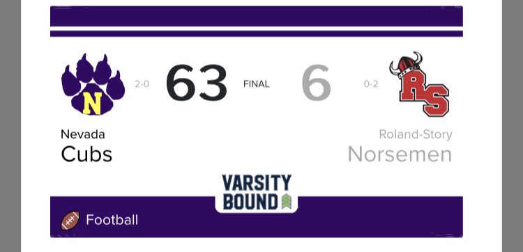 cubsactivities's tweet photo. Nevada Varsity Football 63 — Roland Story 6 — FINAL #NevadaCubPride https://t.co/KaKXvONEDF