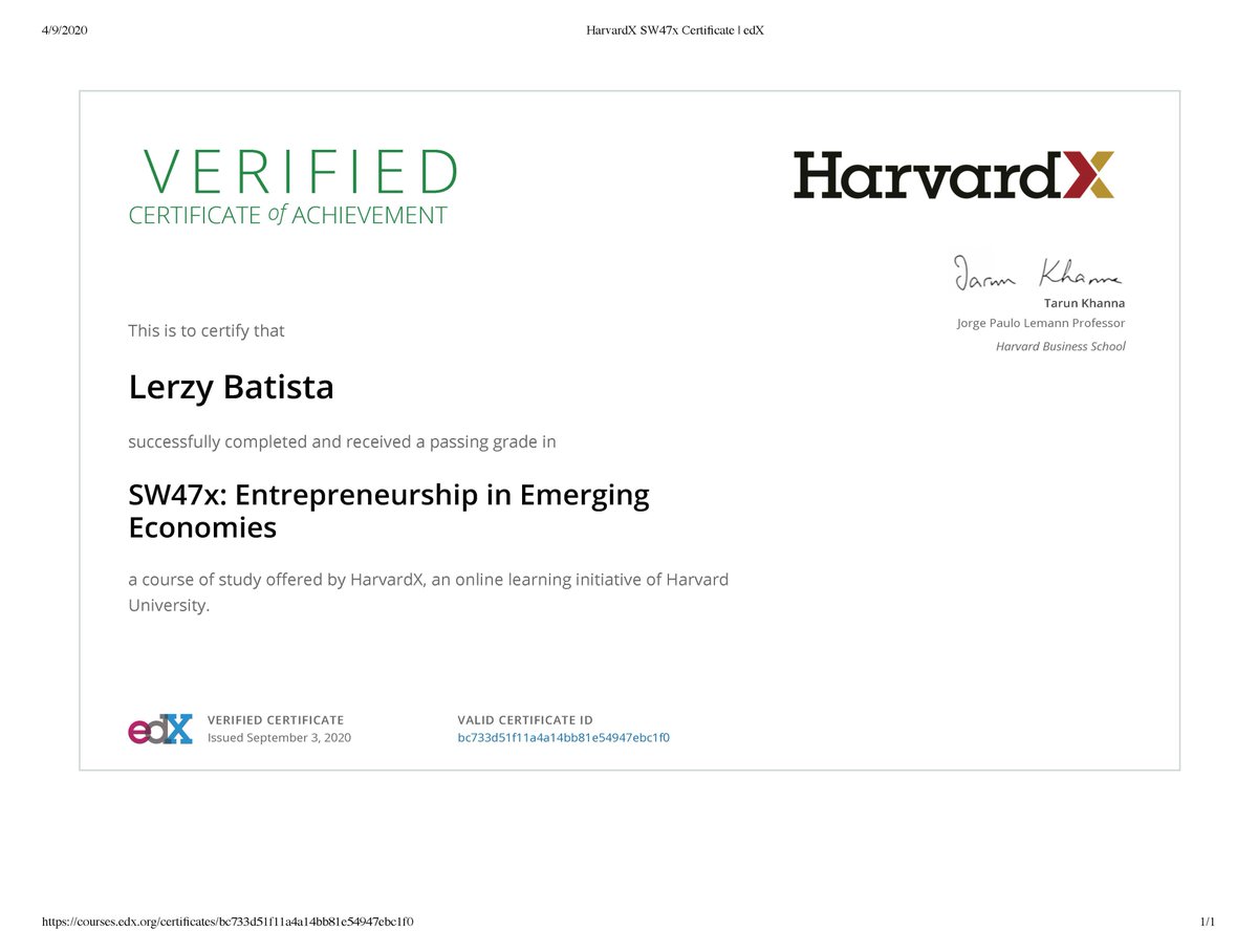 lerzyb's tweet photo. I just earned a Certificate on @edXOnline! Check it out: Entrepreneurship in Emerging Economies https://t.co/AMXfpel38K