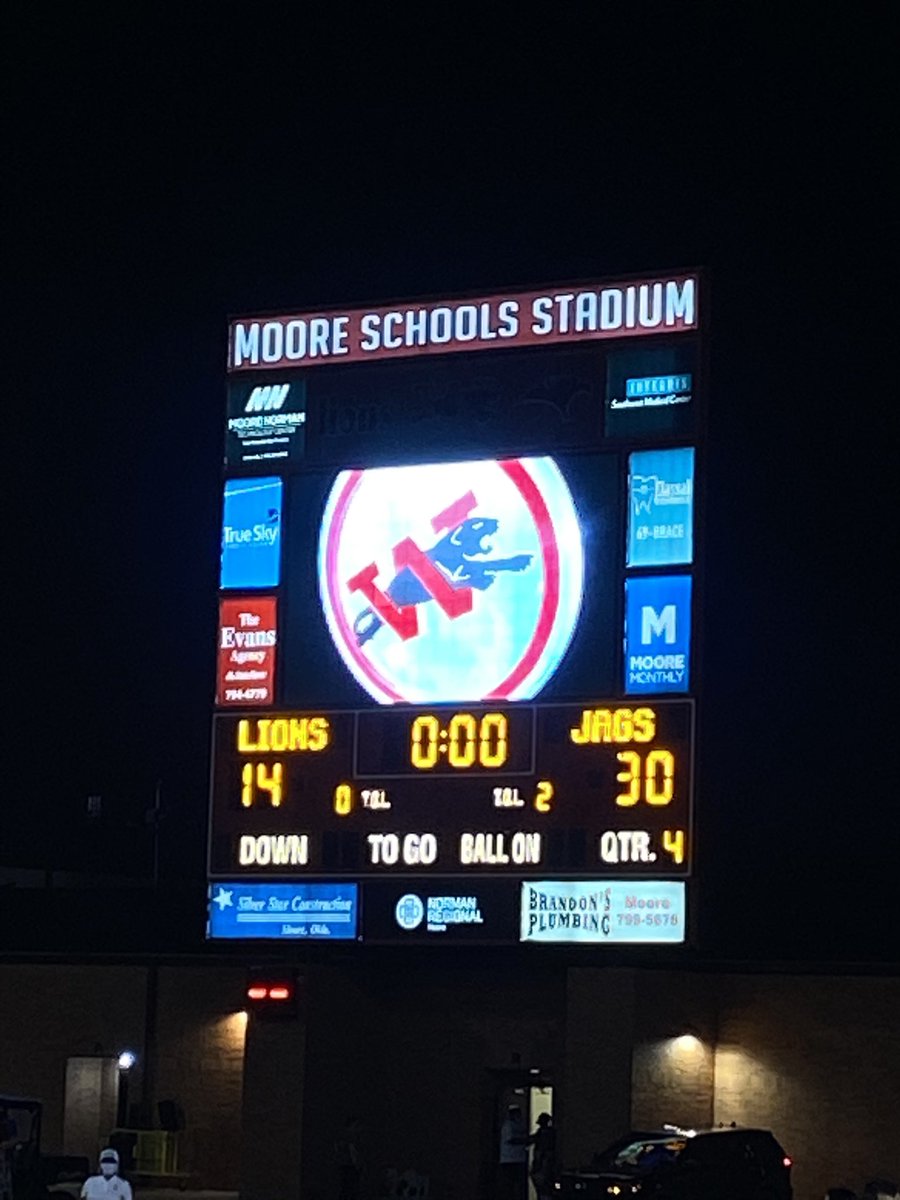 As the clock ticks off on another Moore War .. the Westmoore Jaguars have come out with their #20in20 victory over the Moore Lions. 
JAGS WIN! JAGS WIN! 30-14. 
🏆 ❤️🖤🤍🏈 #okpreps