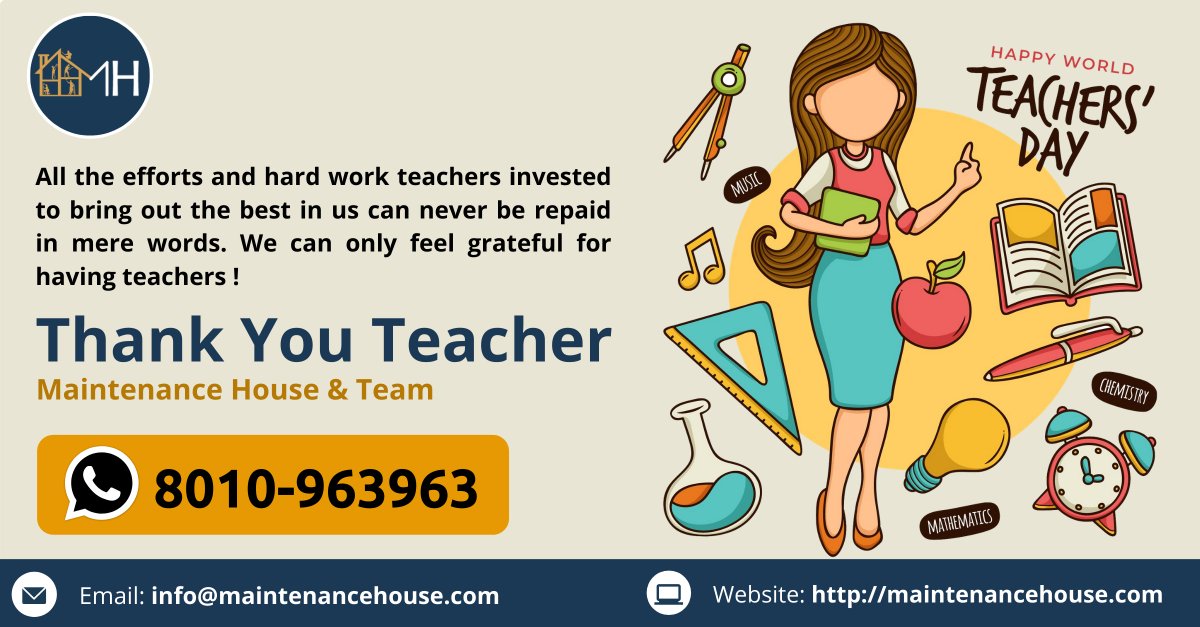 MaintenanceHous's tweet photo. All the efforts &amp; hard work teachers invested to bring out the best in us can never be repaid in mere words.We can only feel grateful for having teachers

Happy Teachers Day !
Maintenance House &amp; Team

#TeachersDay #BestTeacher #ThankYouTeacher  #happyteachersday #TeachersDay2020 https://t.co/F2NhgPsptq