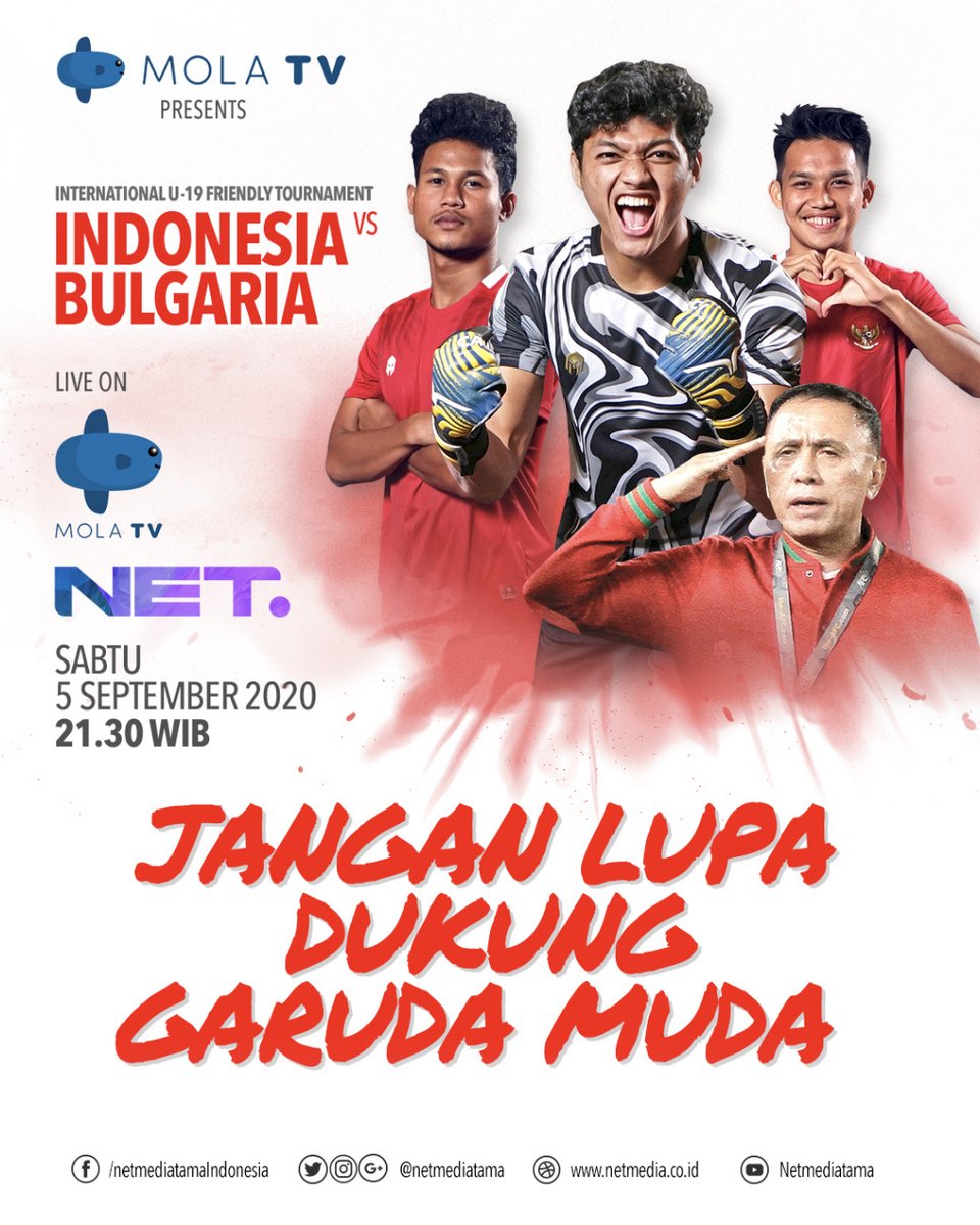 mdtvindonesia's tweet photo. HARI INI! "International U-19 Friendly Tournament"

INDONESIA VS BULGARIA jam 21.30 WIB.

Bagaimana penerapan disiplin ala Pelatih Shin Tae Yong di Timnas U-19 menurut kalian? Jawaban terbaik akan dibacakan saat live &amp; ada hadiahnya lho!
#NontonBolaAsiknyadiNET #DisiplinTimnasU19 https://t.co/k0dHlhrPrH