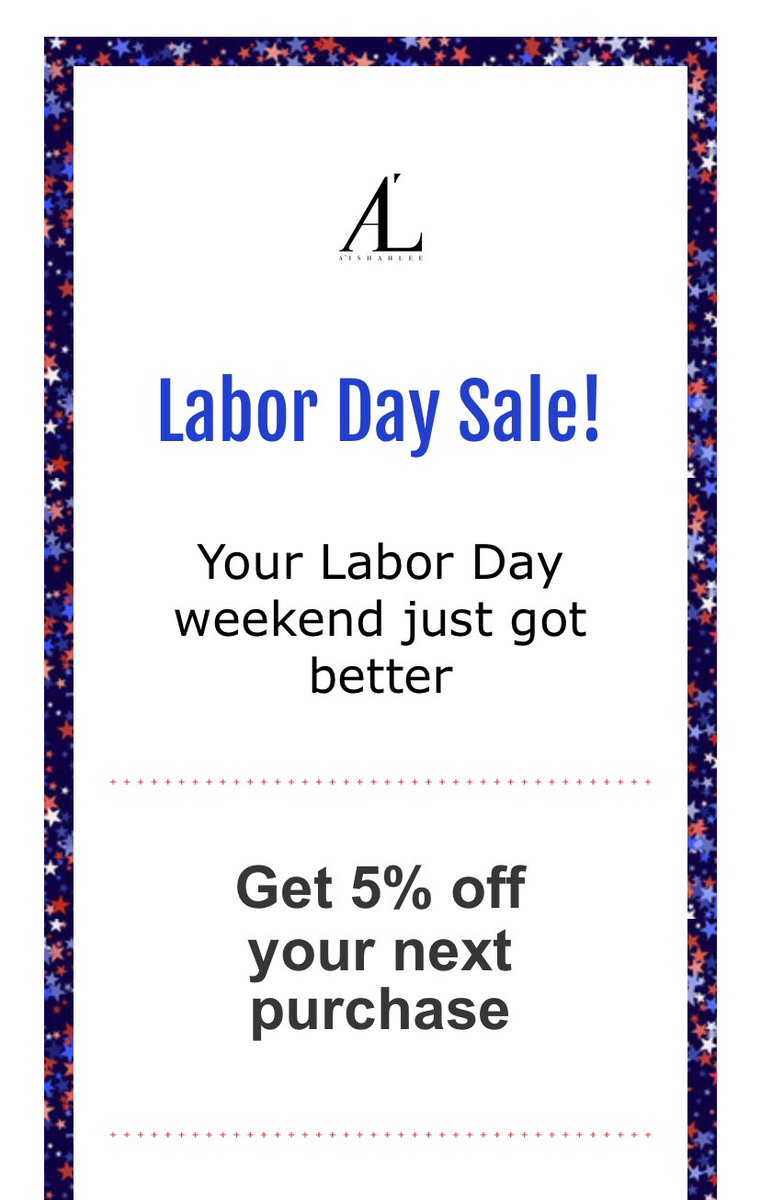 _aishahlee_'s tweet photo. We are having our first ever sale! 🛍 🇺🇸 This Labor Day weekend we are giving you 5% off your purchase 🇺🇸 Don’t miss out because this offer ends Monday September 7th! Make sure to enter promo code at checkout 🏷 🛍
Discount available September 5 - 7 
#aishahlee #labordaysale https://t.co/T3aAMRQXoK