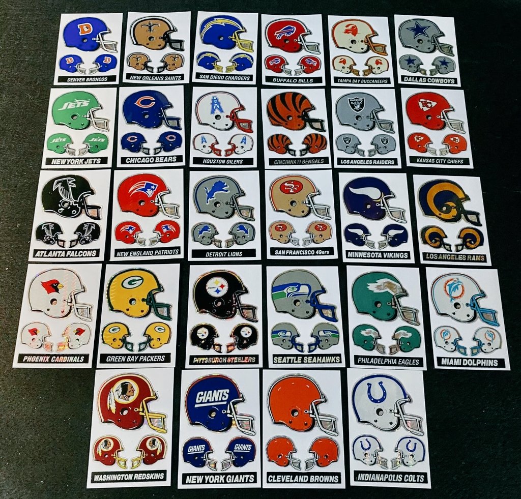 1993 NFL helmet sticker set. Check out the very odd Patriots helmet.
