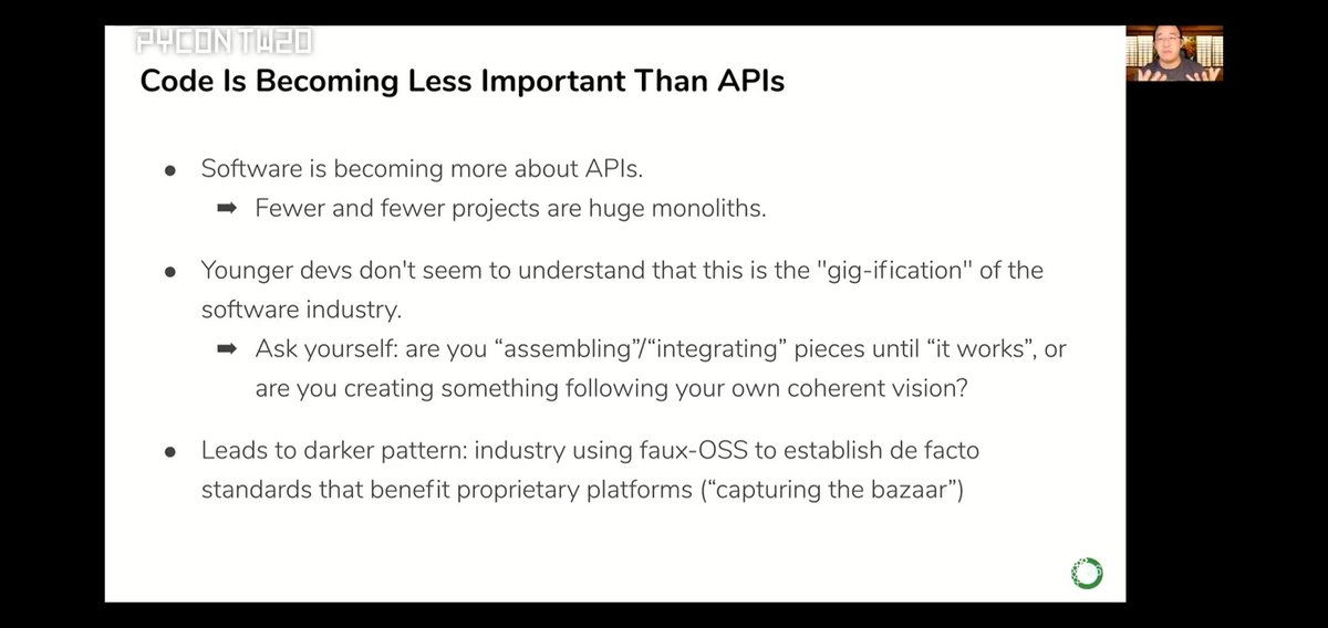ongchinhwee's tweet photo. Keynote by @pwang at @PyConTW is even more pertinent in this era.
1. Shift of focus towards APIs leading to "darker pattern"
2. Danger of Python being used as language for a "technological caste system" with ML
3. Data Literacy as a "prerequisite for Future Freedom"
#pycontw2020 https://t.co/0eU41QEpBE