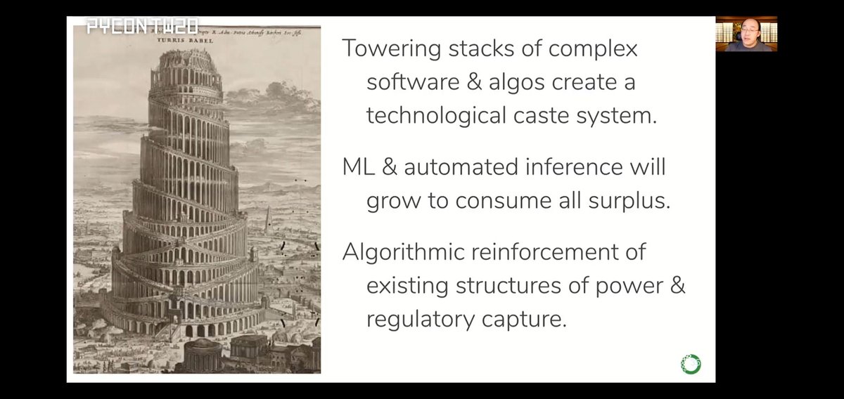 ongchinhwee's tweet photo. Keynote by @pwang at @PyConTW is even more pertinent in this era.
1. Shift of focus towards APIs leading to "darker pattern"
2. Danger of Python being used as language for a "technological caste system" with ML
3. Data Literacy as a "prerequisite for Future Freedom"
#pycontw2020 https://t.co/0eU41QEpBE