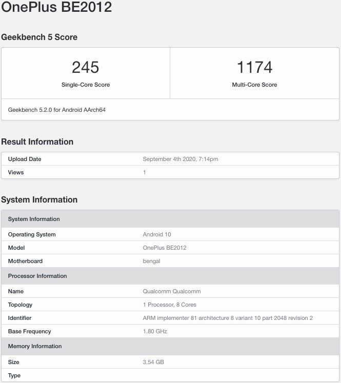 TechTipster_'s tweet photo. Possible OnePlus Clover (#BE2012) Appears on Geekbench
🔲Snapdragon 460
💾4GB RAM
⚙️Android 10
#OnePlus Clover specs
- 6.52" HD+ IPS LCD
- 1560 x 720px
- 64GB onboard storage
- 13+2+2MP
- 6000mAh
- 18W
- Rear-mounted FPS
- Bluetooth 5.0
- 3.5mm jack
- OxygenOS 10
#OnePlueClover https://t.co/vH3TzpxMl3