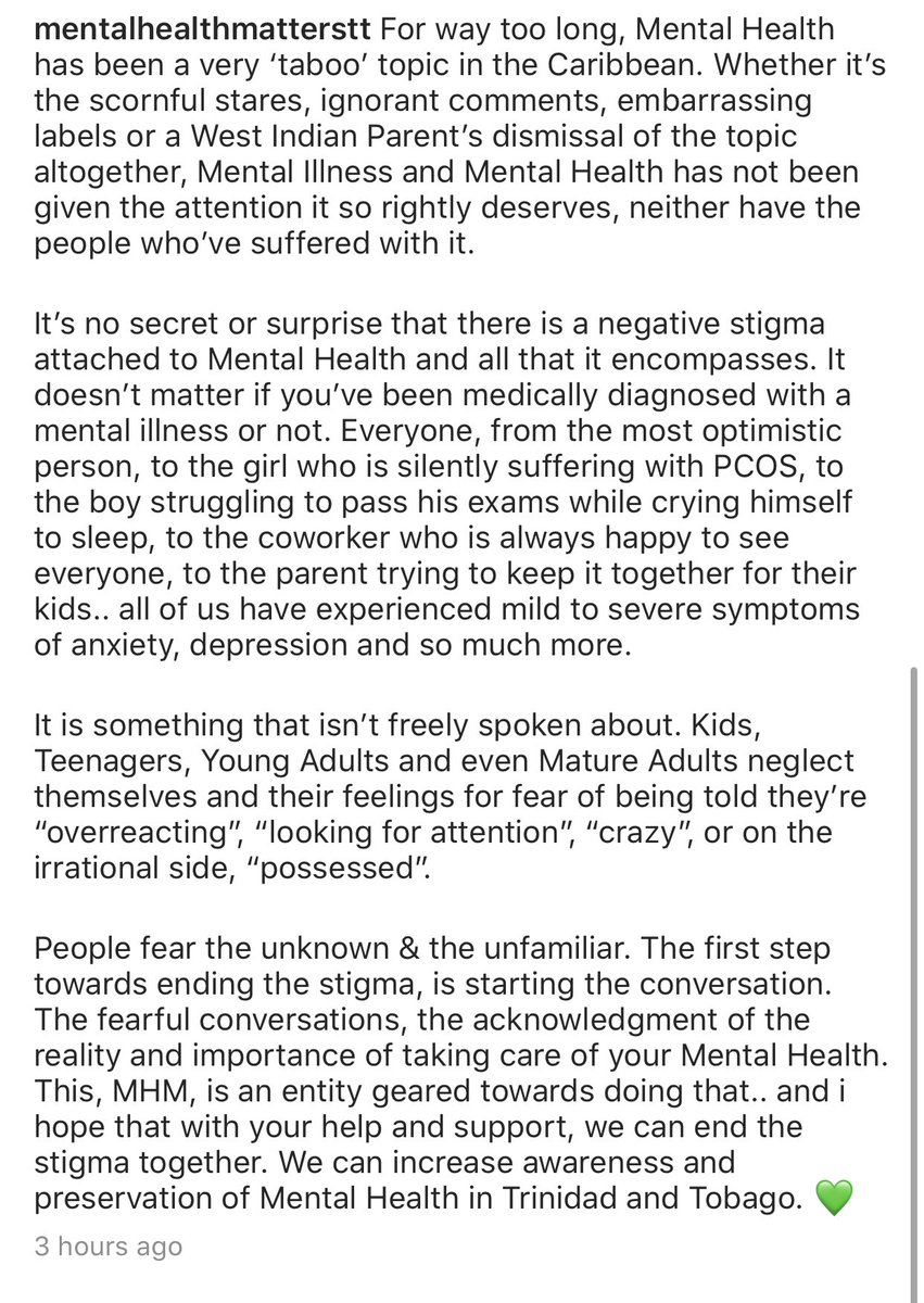 SelinaCraigg's tweet photo. If you’re passionate about Mental Health &amp; interested in raising awareness and making a change, go follow @mentalhealthmatterstt on IG! The content, product and service is coming soon! https://t.co/KTEe4xVWLD