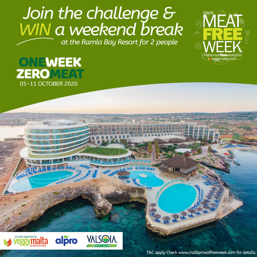 VeggyMalta's tweet photo. Join the challenge &amp; get in the chance to WIN a weekend break at the Ramla Bay Resort for 2 pax. Join on https://t.co/AlHkym8u7Y T&amp;C apply. Rules available on website.

Go 1 WEEK 0 MEAT from the 5th &amp; 11th October 2020 for climate change, for biodiversity loss, for animals. https://t.co/JXwHY5lYqD