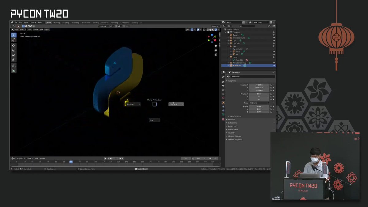 ongchinhwee's tweet photo. Blender + Python for 3D Art?!
Yep, that's what went down at @PyConTW. That use of Blender Python API for a color-switching rotating Python logo with iso-camera is...so insanely good! 🤯🐍
#pycontw2020 https://t.co/DditGZgXae