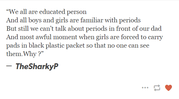 TheSharkyP's tweet photo. #menstrualhygiene #menstruation #periods #dysmenorrhea #taboo #indiantaboo #sanitarypad #menstrualhygiene #mensturationmatters
#mensturalawareness  #sanitarypad
#periods #breaknorms #socialtaboos
#itsjustaperiod #reddotchallenge #menstruationmatters https://t.co/hH6rWZjjo0