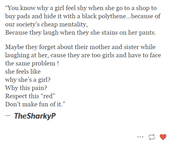 TheSharkyP's tweet photo. #menstrualhygiene #menstruation #periods #dysmenorrhea #taboo #indiantaboo #sanitarypad #menstrualhygiene #mensturationmatters
#mensturalawareness  #sanitarypad
#periods #breaknorms #socialtaboos
#itsjustaperiod #reddotchallenge #menstruationmatters https://t.co/H8X3e2idK9