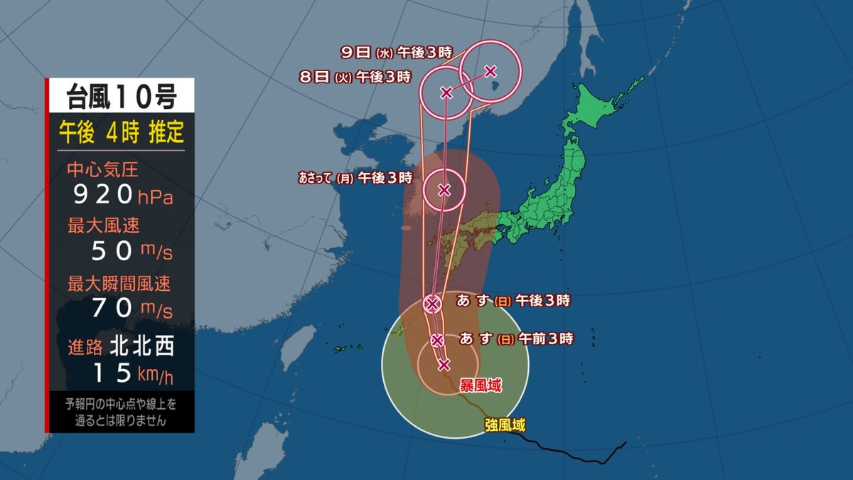 obs_w's tweet photo. 【台風10号北上】
特別警報級の台風10号は
依然として発達しながら日本の南海上を北上しています。
進路予想もだいぶ固まり
九州にかなり接近・上陸することは免れぬ状況です。
経験したことのない勢力での接近となりますので
厳重な警戒が必要です。
（続く）
#台風第10号 #大分 #拡散希望 https://t.co/kHw2trZ1yB