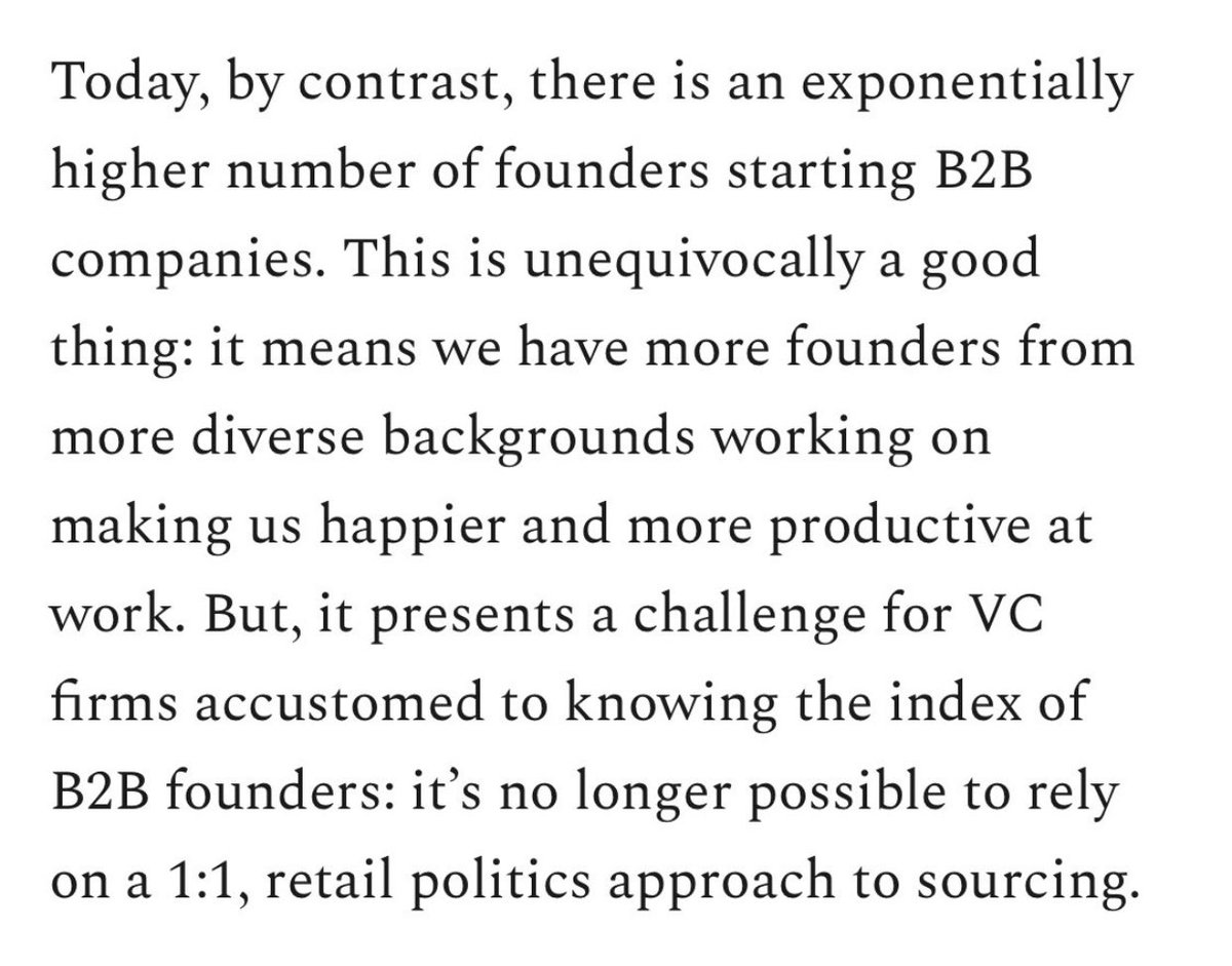 And making my point - this came into my timeline. A VC explaining how all B2B founders used to be in the Silicon Valley area. But now are everywhere, so a different way of finding deals is necessary.  #GeographyIsNotDestiny