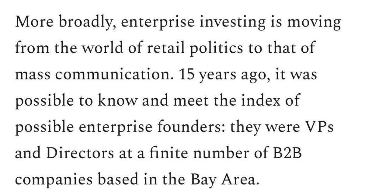 And making my point - this came into my timeline. A VC explaining how all B2B founders used to be in the Silicon Valley area. But now are everywhere, so a different way of finding deals is necessary.  #GeographyIsNotDestiny