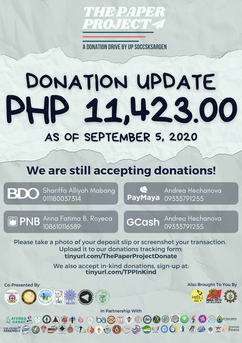 updsox's tweet photo. Happy Saturday! 

Here's the update for the donations received by The Paper Project as of this week (September 5): https://t.co/UJf9dcc7ti