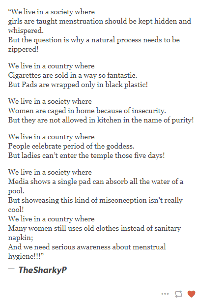 TheSharkyP's tweet photo. #menstrualhygiene #menstruation #periods #dysmenorrhea #taboo #indiantaboo #sanitarypad #menstrualhygiene #mensturationmatters
#mensturalawareness  #sanitarypad
#periods #breaknorms #socialtaboos
#itsjustaperiod #reddotchallenge #menstruationmatters https://t.co/VeWorwHTON