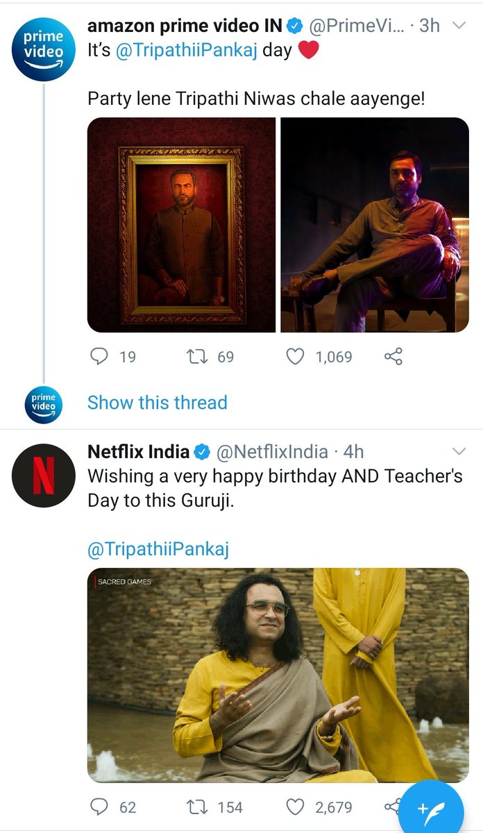 oyeballuu's tweet photo. #popularity 
@NetflixIndia &amp; @PrimeVideoIN in same frame.

Happy Birthday @TripathiiPankaj https://t.co/fKKuqsQBoD