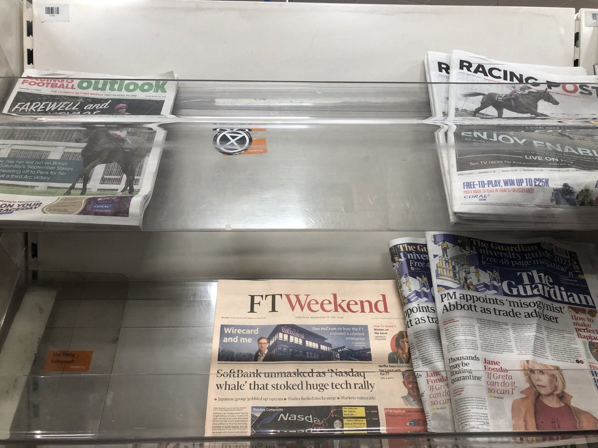 GreenRupertRead's tweet photo. Local supermarket today: no Times, no Telegraph. (Plus what’s that sticker, where the Times would have been?...!)
#freethetruth
#StopPress!
#tellthetruth
#DontBuyTheSun
#extinctionrebellion!
Please RT... https://t.co/oe4Rq0mCfp