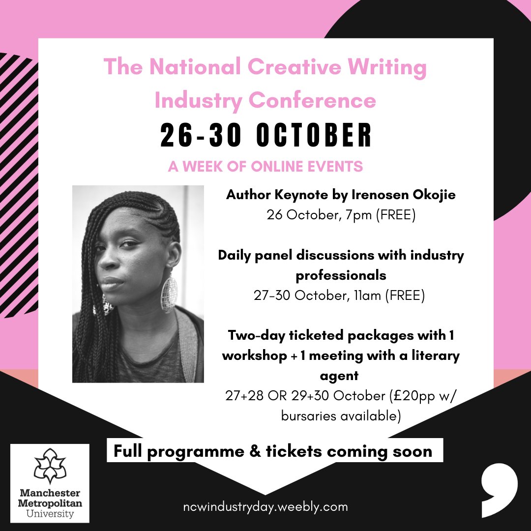 _CreativeAccess's tweet photo. Have you heard? @commapress and @McrWritingSchl have announced the National Creative Writing Industry Conference, a week-long online conference from 26-30th October. Free events and ticketed packages available with bursaries for underrepresented writers! https://t.co/qvGpaBDnOh https://t.co/mZsSnjds08