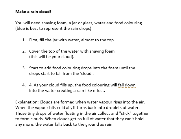 EveshamLib's tweet photo. Make a rain cloud in this week's Silly Science Saturday!
All you will need is shaving foam, a jar or glass, water and food colouring (blue is best to represent the rain drops). Have fun! π§οΈπ§οΈπ§οΈ
#STEM #STEAM #LibrariesFromHome #SillyScienceSaturdays https://t.co/80o6ACEOpt