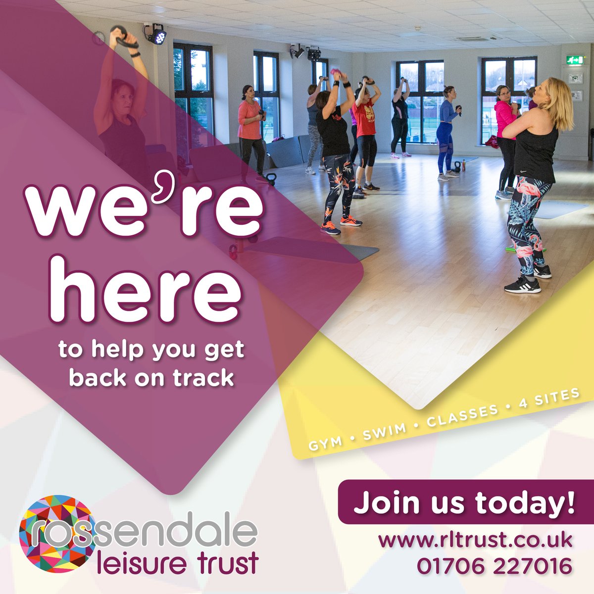 RLTrust's tweet photo. We're here to support you on your fitness journey💪 

🏋️‍♀️Join us today for gym, swim &amp; classes across 4 sites! 
💜 Support a local, charitable organisation. 

Adrenaline 01706 227016 | Marl Pits Leisure Centre 01706 226850 | Pioneer Community Health Studio 01706 878155 https://t.co/GLCxY3aEWy