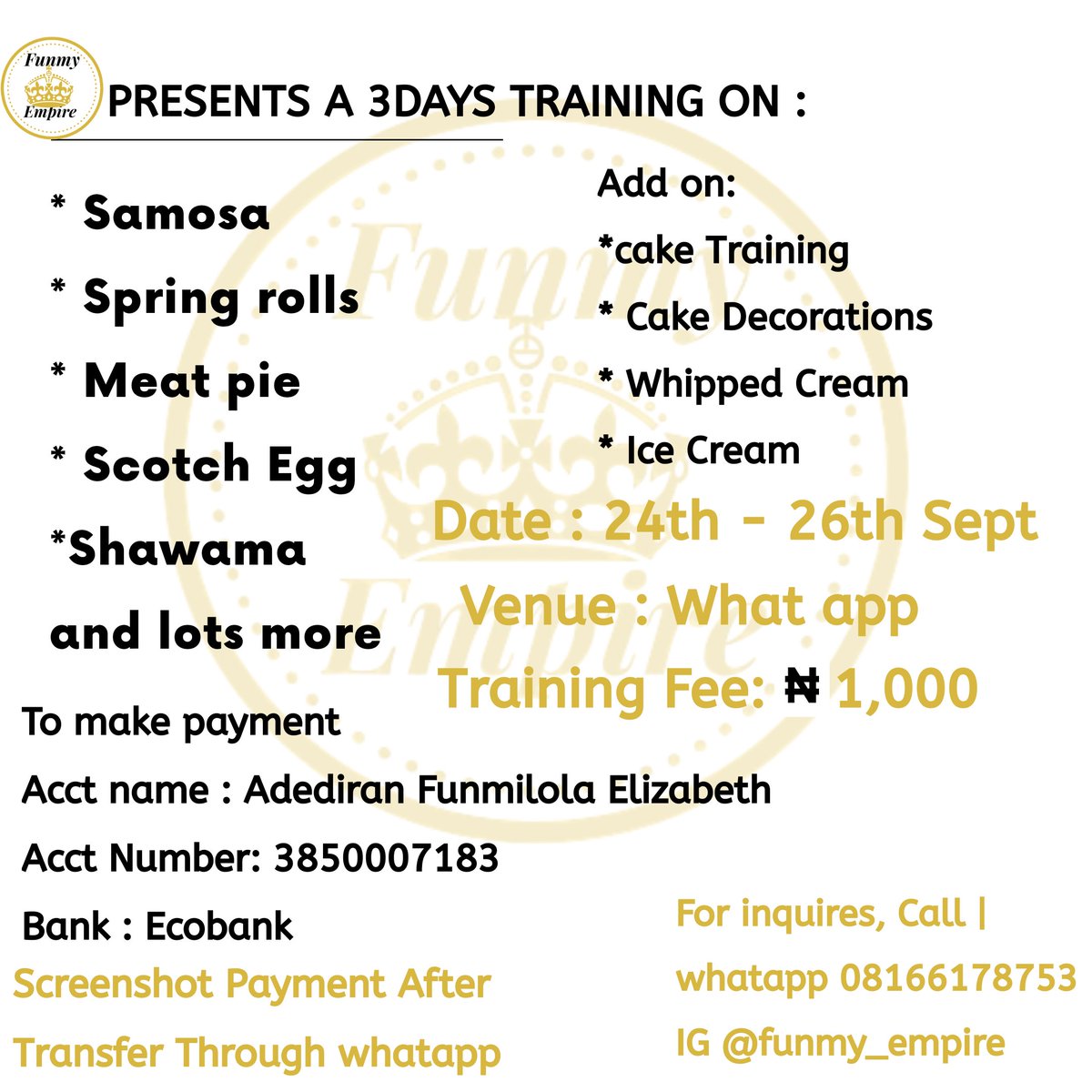 FunmyEmpire's tweet photo. Training is here again

With just #1000 you can learn how to bake cake, Meatpie and lots more

Call or whatapp 08166178753

#ilovesaturdays #cateringtraining #caketrainings #learnhowtodecorate #socialmediamarketing #sweetcakes #funmy_empire https://t.co/vE9gLnSgQf