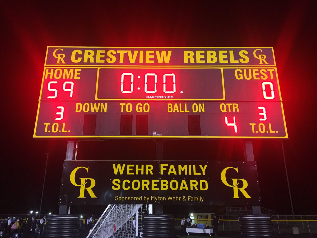 andrisosu's tweet photo. Crestview Rebels dedicate sparkling new Field Turf playing surface in style defeating Campbell Memorial 59-0. Huge thank you to all the generous donors. https://t.co/pe1aw8mpH0