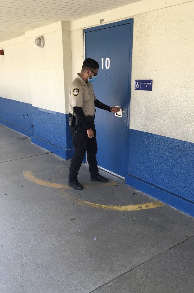 CJUSDSafety's tweet photo. While out conducting site visits, we came across @CJUSDSafety E. Salazar and S. Cruz making their rounds doing door checks. #EVERYday #PropertyProtection #AssetProtection #EssentialServiceWorkers #DeterCrime #OnAMission #HeatWave #covid19 #cjusdS3 https://t.co/E8VzTM0sEi