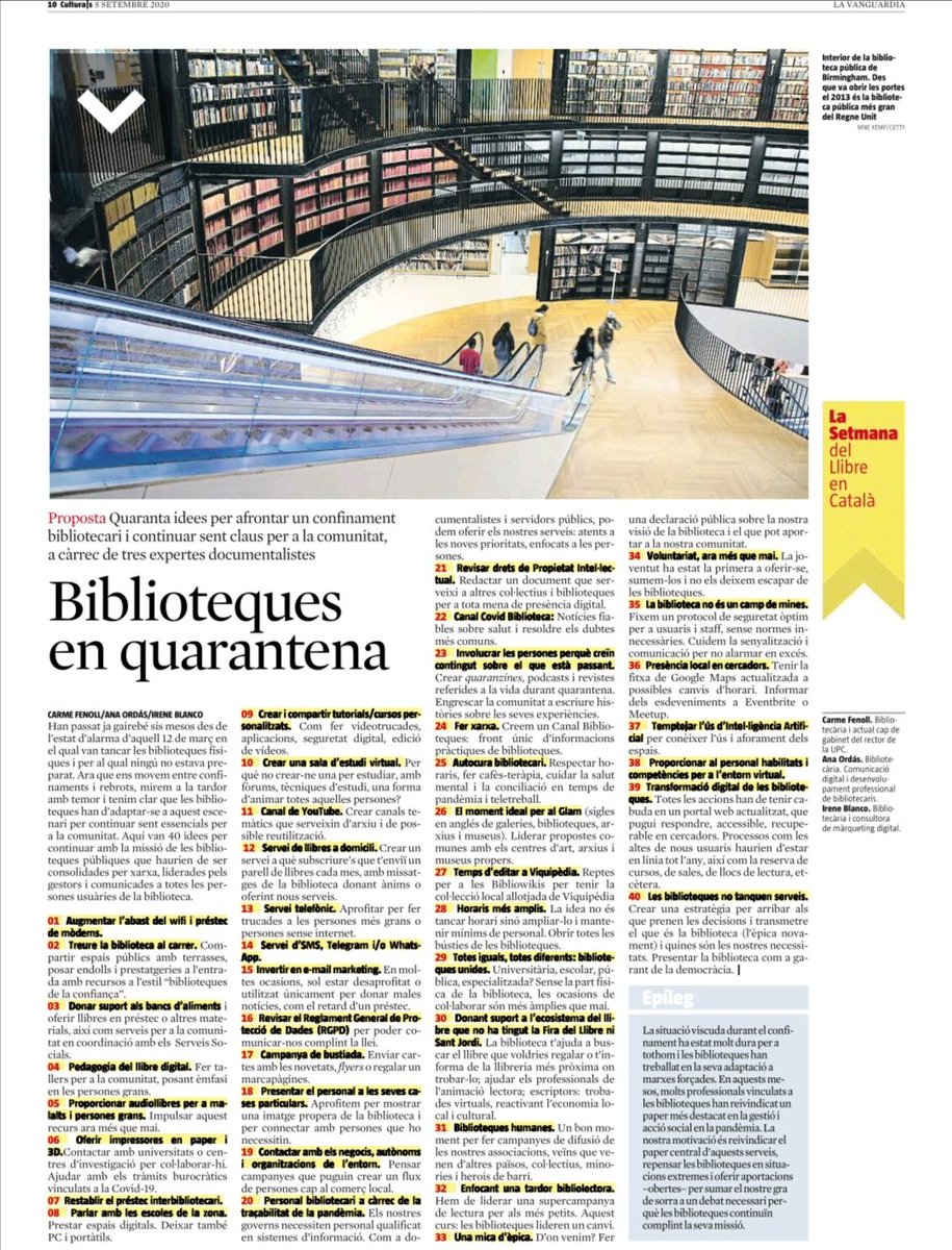 CarmeFenoll's tweet photo. 🌍✊ BCN-MAD-NY: 3 bibliotecàries interconnectades proposant bones pràctiques pels temps de Covid a les biblioteques públiques.
Avui a @LaVanguardiaCAT, amb @aordas i @ireneblan
🙌 Hem escrit 40 propostes i n'esperem 400 més. Sumeu-ne a #BiblioCovid. Gràcies! https://t.co/mdYmOtNg4W