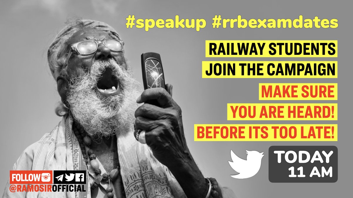 RaMoSirOfficial's tweet photo. तैयार हो जाओ 
Grand Twitter Campaign for SSC and Railways Exam Reforms. 
Keep your hashtags ready!

#speakup
#rrbexamdates
#SpeakUpForSSCRailwaysStudents https://t.co/Z2YOujumGy