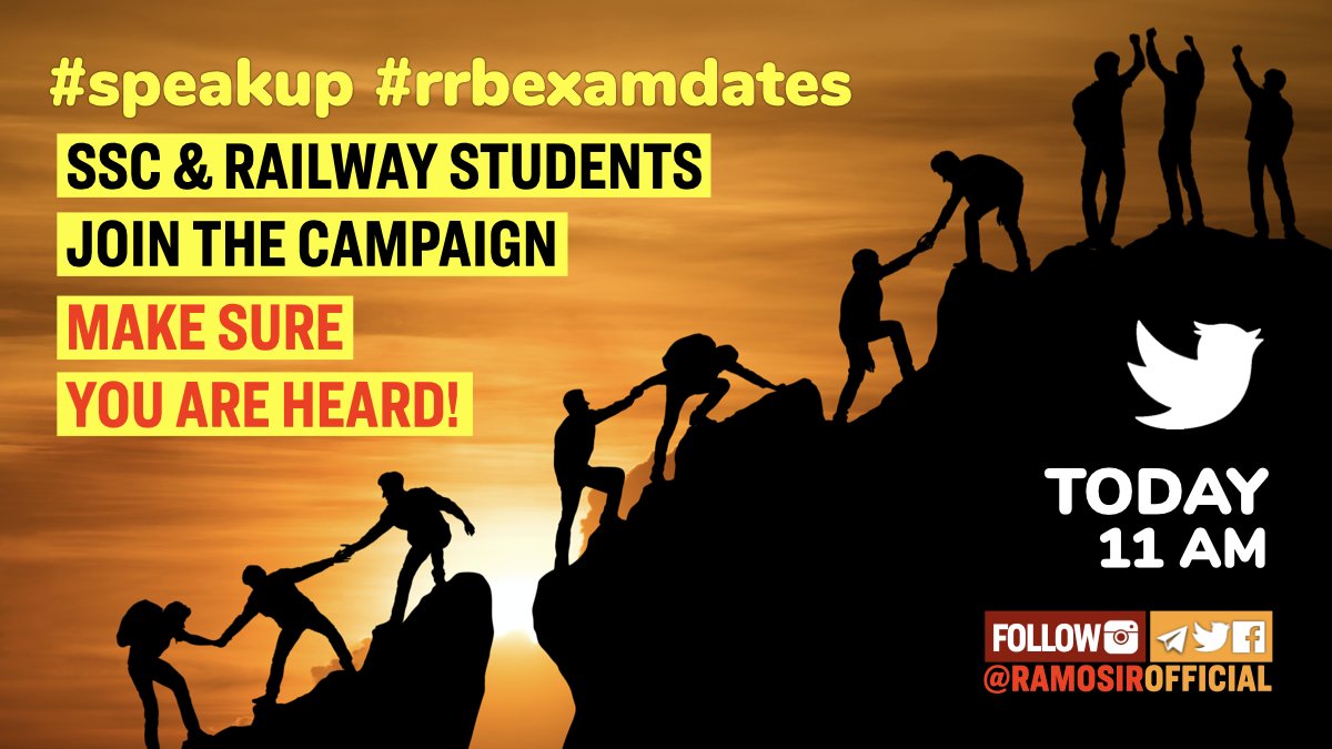RaMoSirOfficial's tweet photo. तैयार हो जाओ |
Let's makes 1 crore tweets and make sure we #speakup about #rrbexamdates and plight of aspirants of SSC 

#speakup
#rrbexamdates
#SpeakUpForSSCRailwaysStudents https://t.co/LVhBIQPlNa