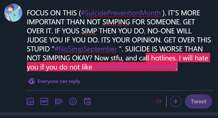 Please take the time to read.  #SuicidePreventionMonth and call hotlines or seek help if needed.  #NoSimpSeptember is not important right now. FOcusing on something that is actually terrifying is more important than simping over someone. Suicide hotlines are here if you need- 1/?