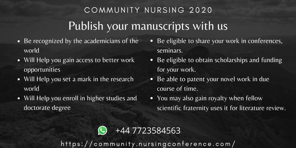 CommunityNurse1's tweet photo. #Publish Your #manuscripts in Our variety of Journals. Join #CommunityNursing2020 for innovative #webinar and meet scientists from different backgrounds. #Nursing #Healthcare #ClinicalNursing #Gynecology #FamilyNursing #NursingResearch
For more visit:
WhatsApp:+44 7723584563 https://t.co/G4dWVWDk9o