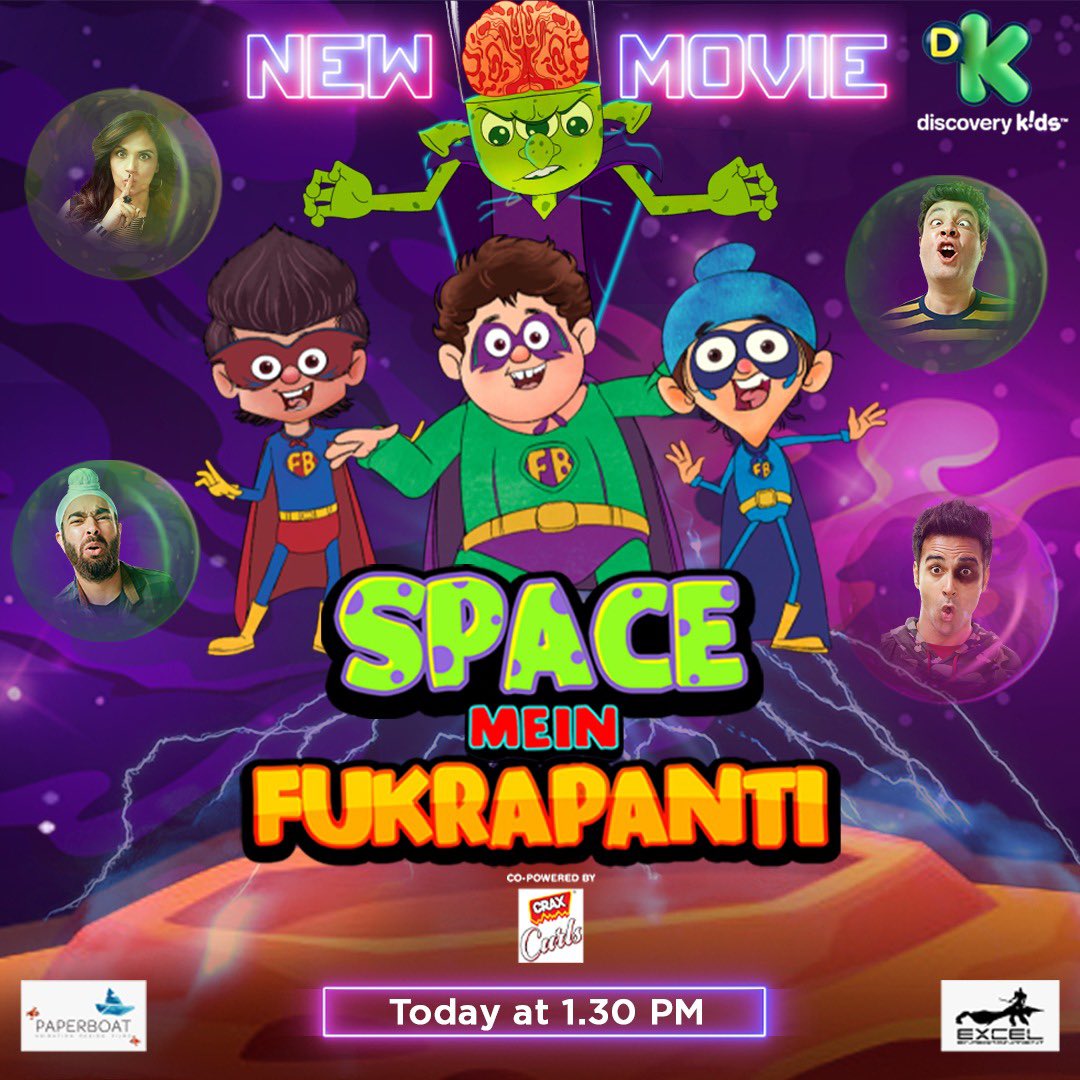 PulkitSamrat's tweet photo. Na homework ka stress, na hi punishment ka fear, fukron ki toli jaa rahi hai space par karne apni #Fukrapanti se sabko cheer! Watch new movie ‘Space Mein Fukrapanti’, today 1:30 PM on #DiscoveryKidsIndia @varunsharma90 @oyemanjot @excelmovies @MrigLamba @ritesh_sid @FarOutAkhtar https://t.co/Xz87WJq919