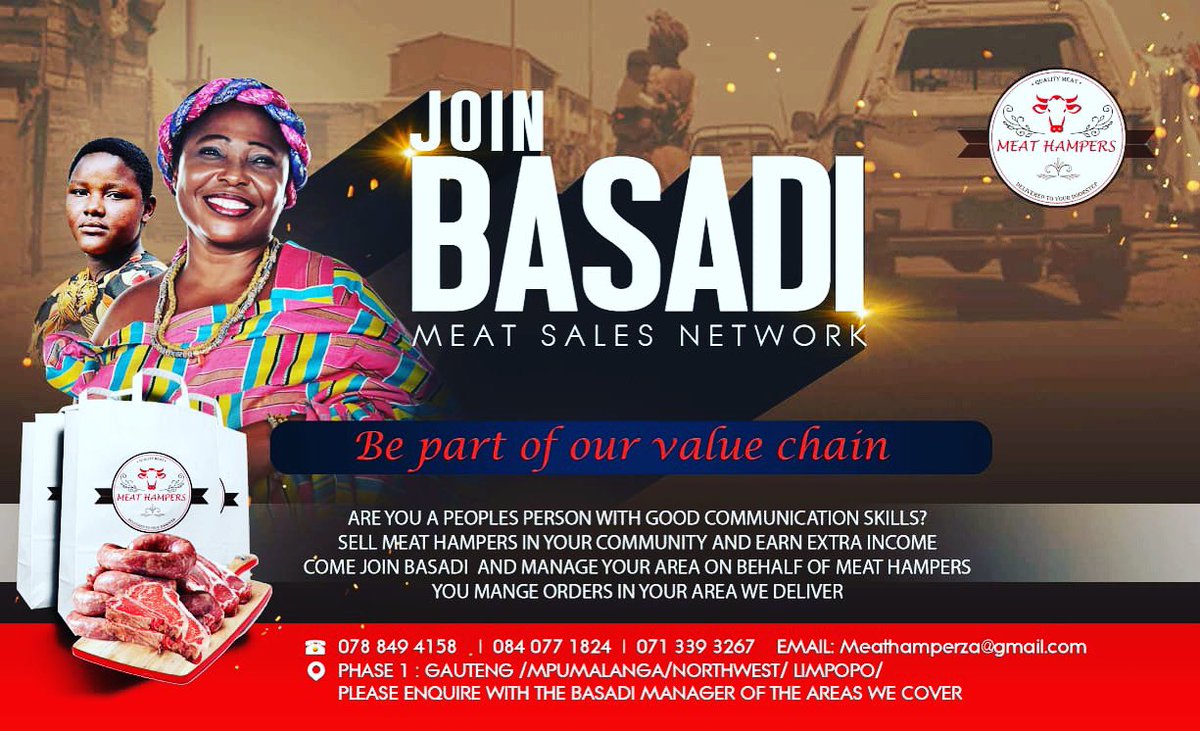 wallythemeatguy's tweet photo. Join the Basadi Meat Sales Network, sell meat in your township,suburb, section/zone or Kasi &amp; make extra income. Let’s build an all inclusive economy. @MrHandsome_ZA  @Powerfm987 @LesediFM #PowerWeekendBreakfast https://t.co/2Y7eEJVG0V