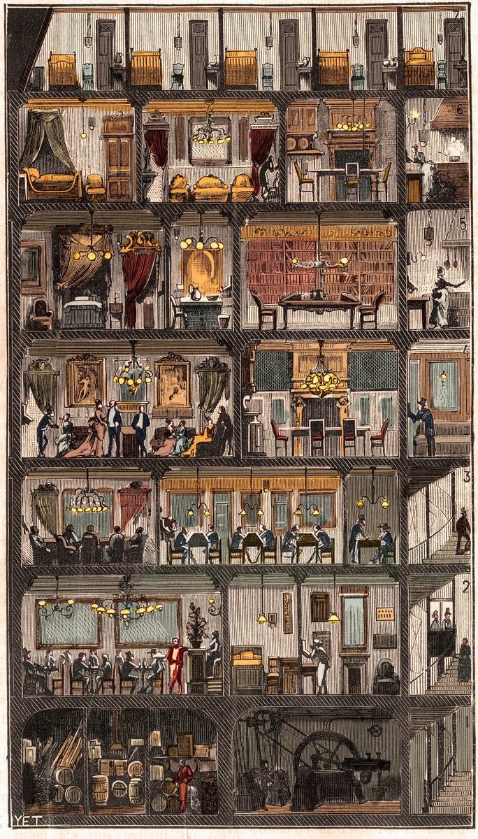 1880年に描かれたパリのアパートの断面図。ドールハウスみたいで可愛い!4枚目は??クワガタとかセミがいるけどなんだろう? 