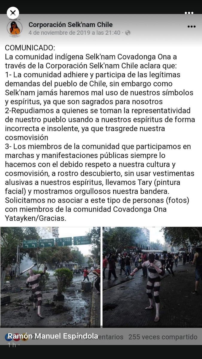 s_gco's tweet photo. @_viccimagine @malamparte Generan escándalo por lo que plasmaron en los pijamas, que para los Selknam son sus espíritus sagrados. La Corporación Selknam también ha rechazado otros usos como el de las marchas de Octubre👇🏻 https://t.co/pp6UKS07mQ