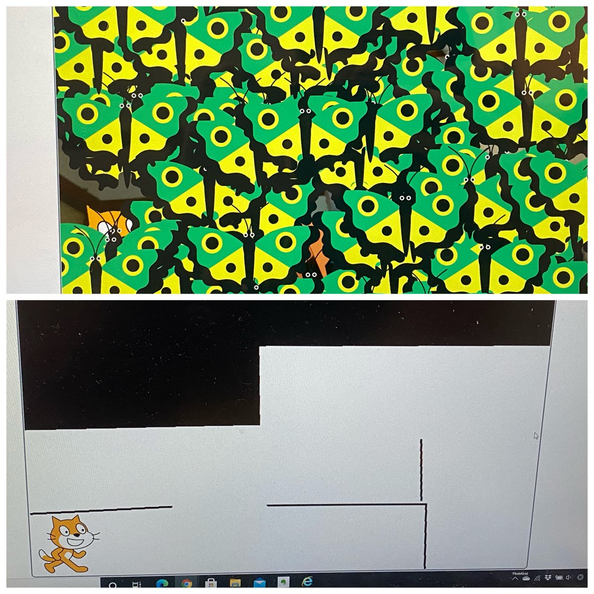 okiu_sanjyo's tweet photo. @CoderDojoNaha 本日はありがとうございました.
「きつね」「ちょうちょう」の手の形をするとクローンで増えるというもの(増えすぎて爆笑してました).(上)
PCトラブルで発表はできませんでしたが,4方向の指差しでマップを移動するネコもありました.(下)
#ML2Scratch #CoderDojo #CoderDojoNaha https://t.co/050rJJa7VG