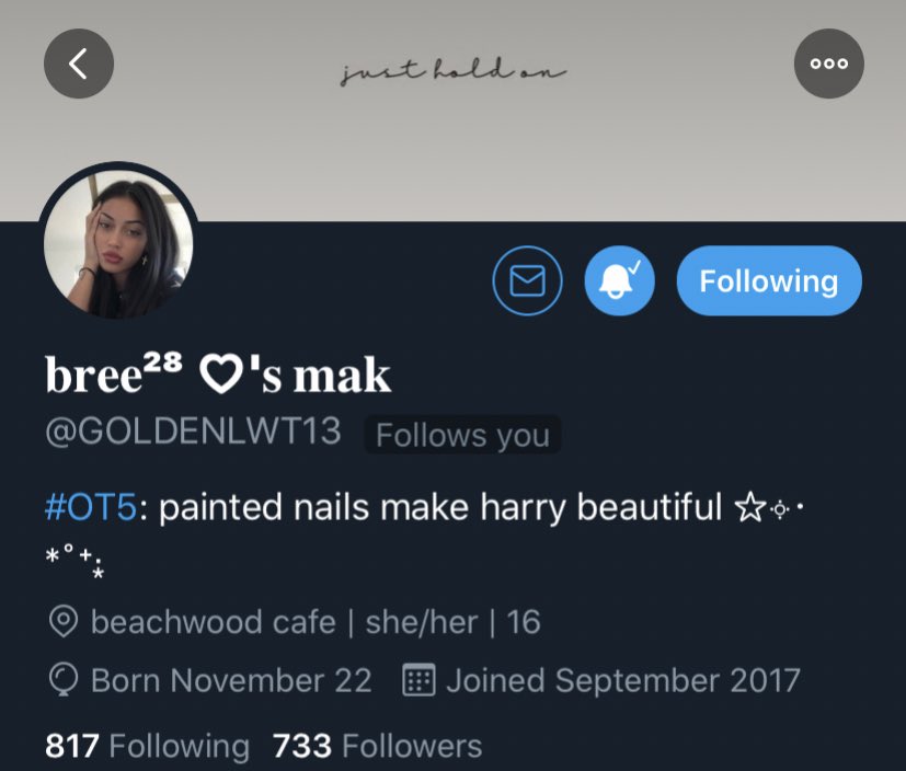  @GOLDENLWT13 - you should follow bree because she is the sweetest person i’ve met on this app. she is so kind and funny. i love her so much.
