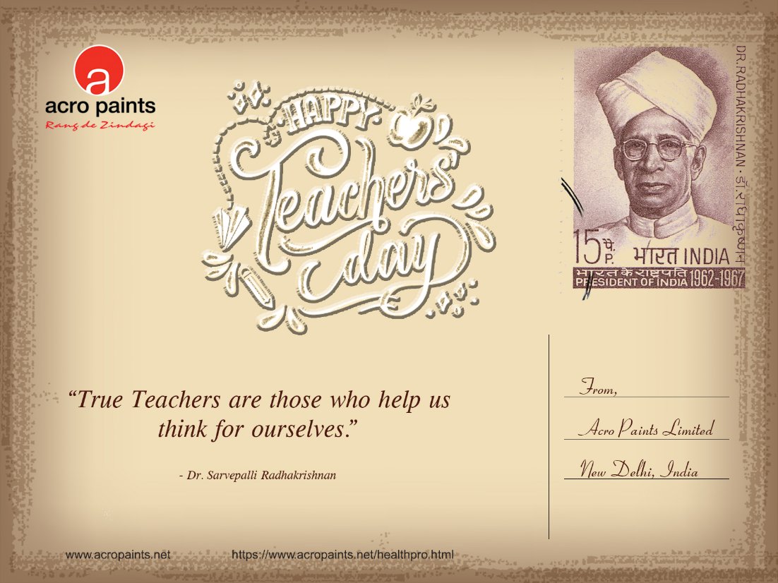 ACROPAINTSDELHI's tweet photo. #TeachersDay celebrated on #September5, marks the birthday of one of the great teachers of the country- #ShriSarvepalliRadhakrishnan. He said, “#Insteadofcelebratingmybirthday, it would be my #proudprivilege, if #5September is observed as #TeachersDay.” #Spanezia #healthproclear https://t.co/VtTtz8zUHS
