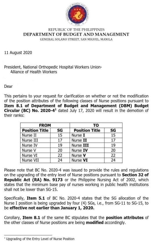 But the DBM thinks otherwise.This year, thru Circular 2020-4, it insists that ONLY those with rank Nurse 1 will have a salary increase.All other nurses will NOT have any increase. Worse, they will ALL BE DEMOTED one rank down!The DBM confirmed this in a letter below. 5/