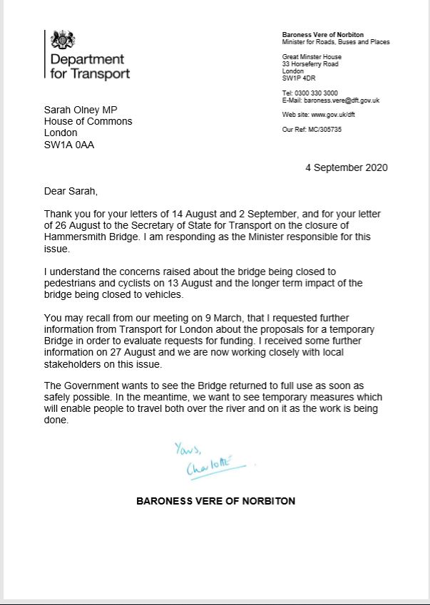 sarahjolney1's tweet photo. A response!  Not a great deal of info, but I'm pleased to hear that talks are being held.  Thank you @CharlotteV #hammersmithbridge https://t.co/SUMUkCaNyI