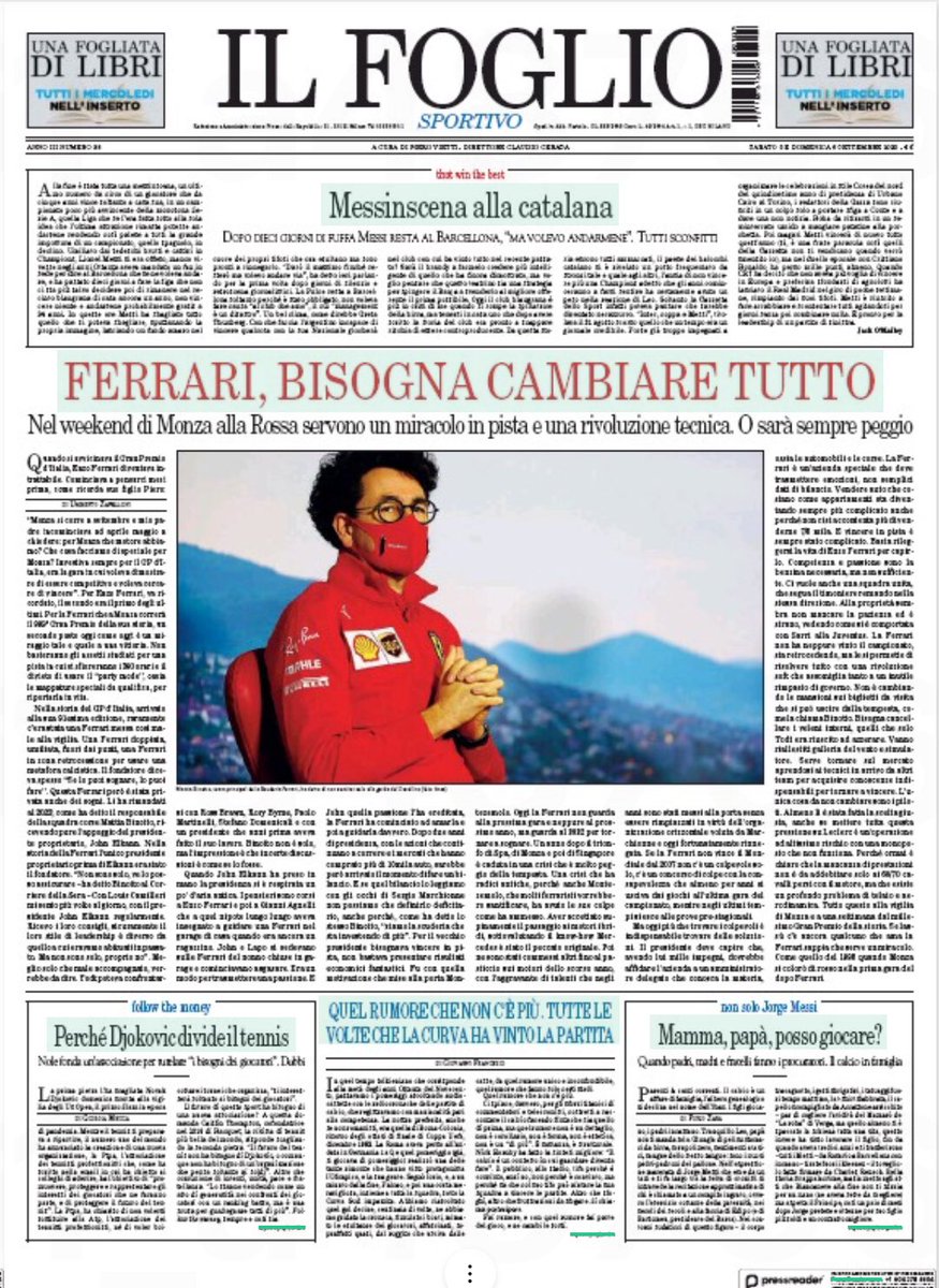 Una sabato sportivo con @ilfoglio_it del weekend tra #Ferrari #Messi #Djokovic con @AleBonan @giorgiamecca @giostuzzi  @mqnfr @jack_omalley @CalcioFinanza #fulviozara e @pierovietti in regia... tutto un altro mondo come spiega @billbrysonn